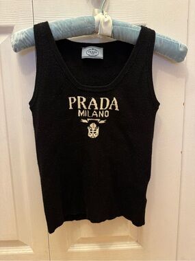 Prada Black Knit Logo Tank with Cream Milano Emblem